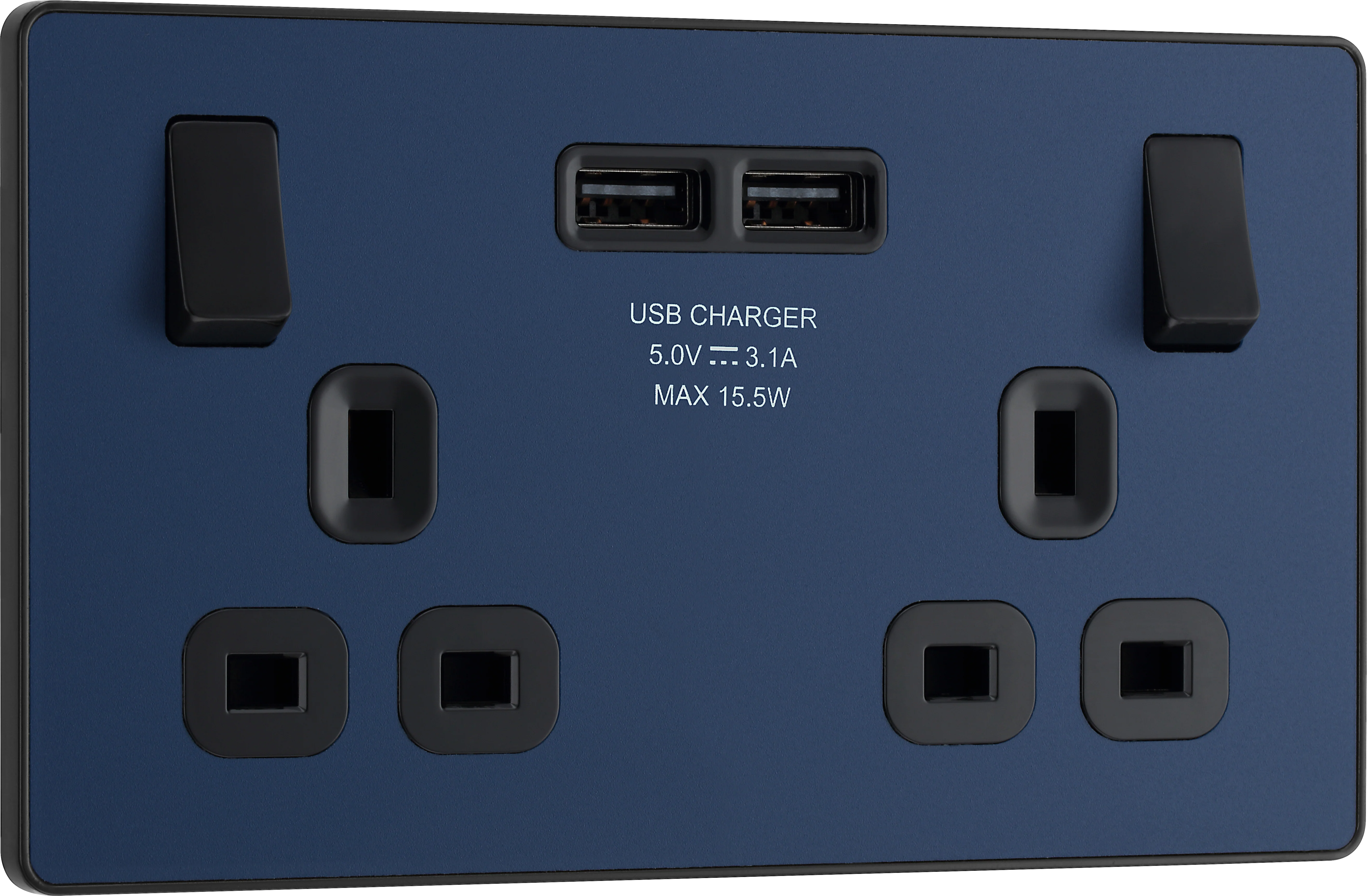 BG Evolve - PCDDB22U3B - Matt Blue (Black) Double Switched 13A Power Socket + 2 X USB (3.1A) - DISCONTINUED