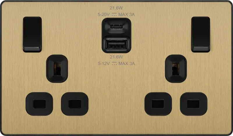 BG Evolve - PCDSB22UAC22B - Brushed Brass (Black) Double Switched 13A Power Socket + 2 X USB - DISCONTINUED