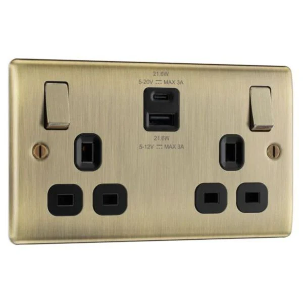 BG Nexus NAB22UAC45B Metal Antique Brass 2 Gang Switched Socket & Twin USB - 45A