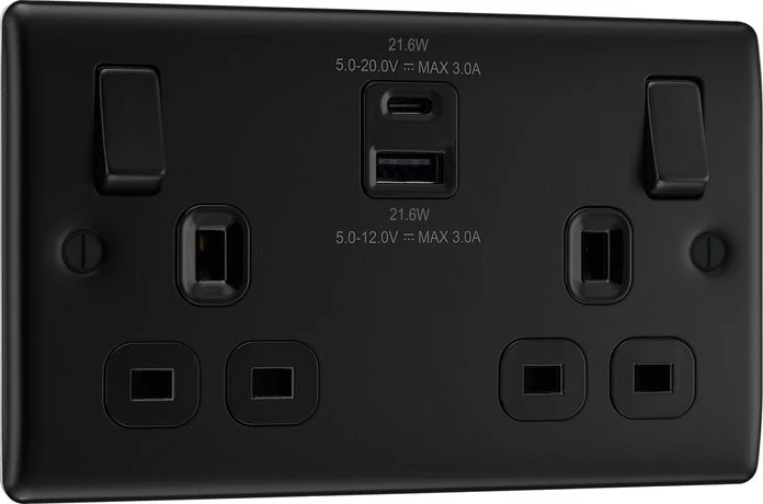 BG Nexus NFB22UAC22B 2 Gang Matt Black Switched Plug Socket 13A - With USB - DISCONTINUED