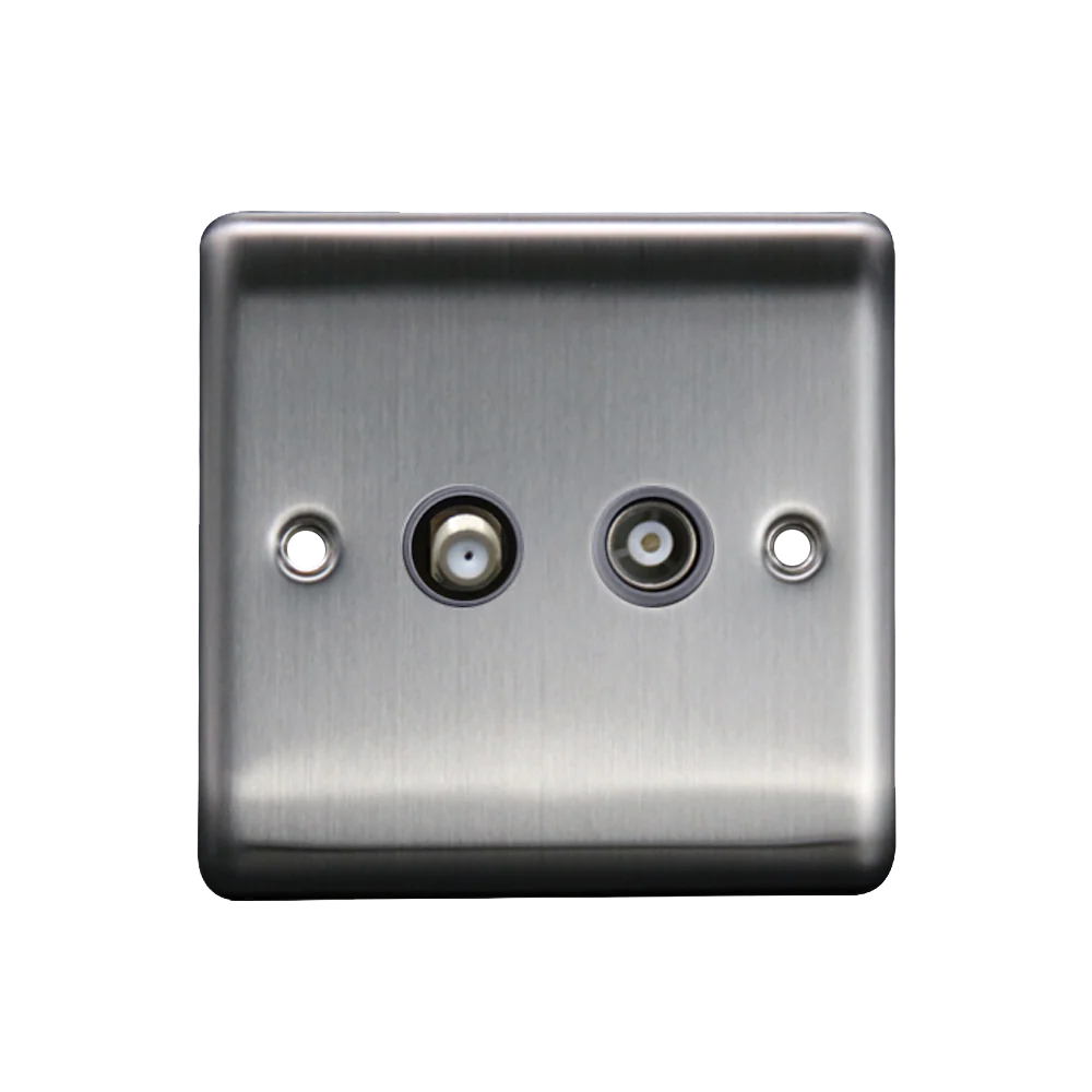 Caradok Satellite Socket + Coax Socket Brushed Chrome Grey Insert