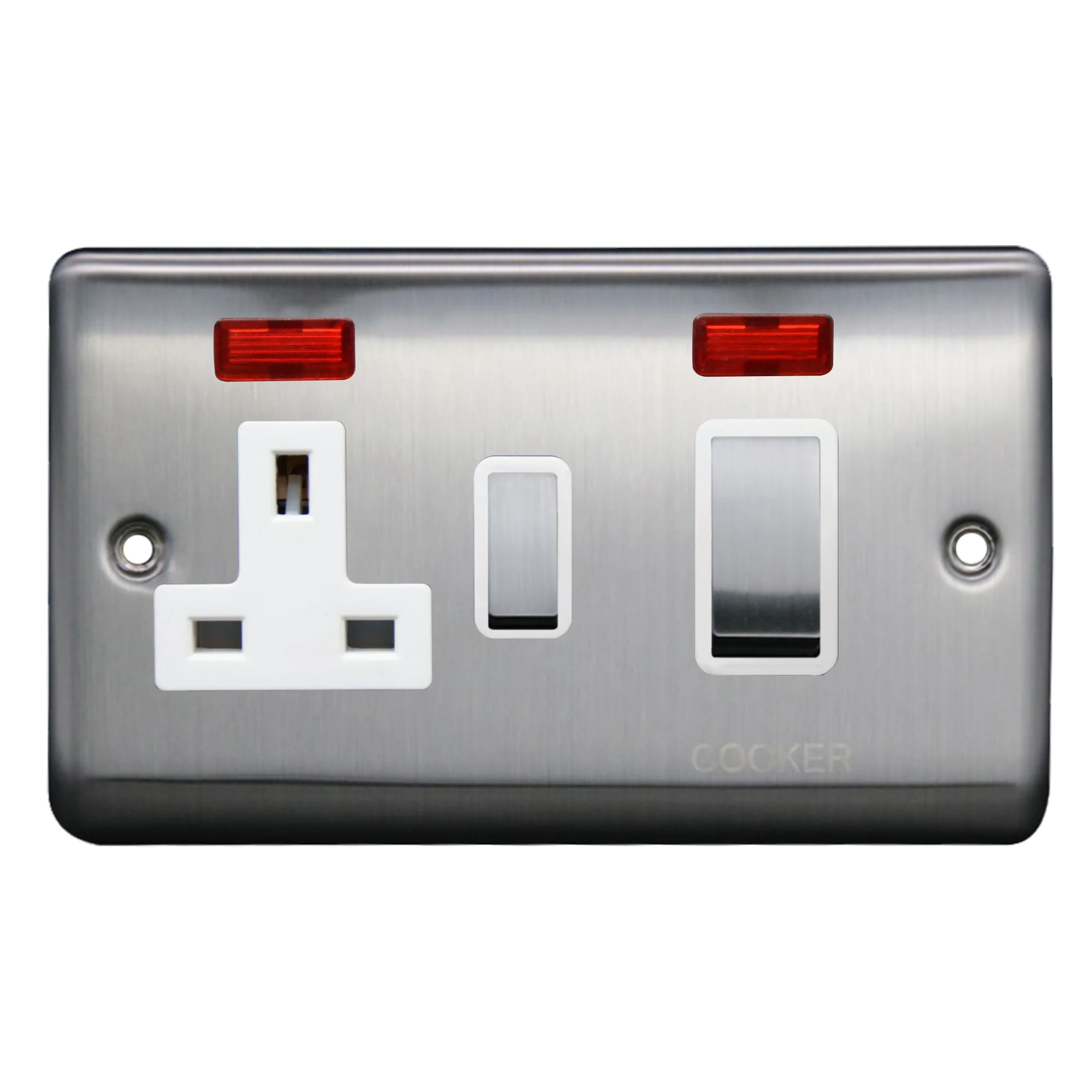 Caradok 45A DP Cooker Control Unit c/w Neon Brushed Chrome White Insert