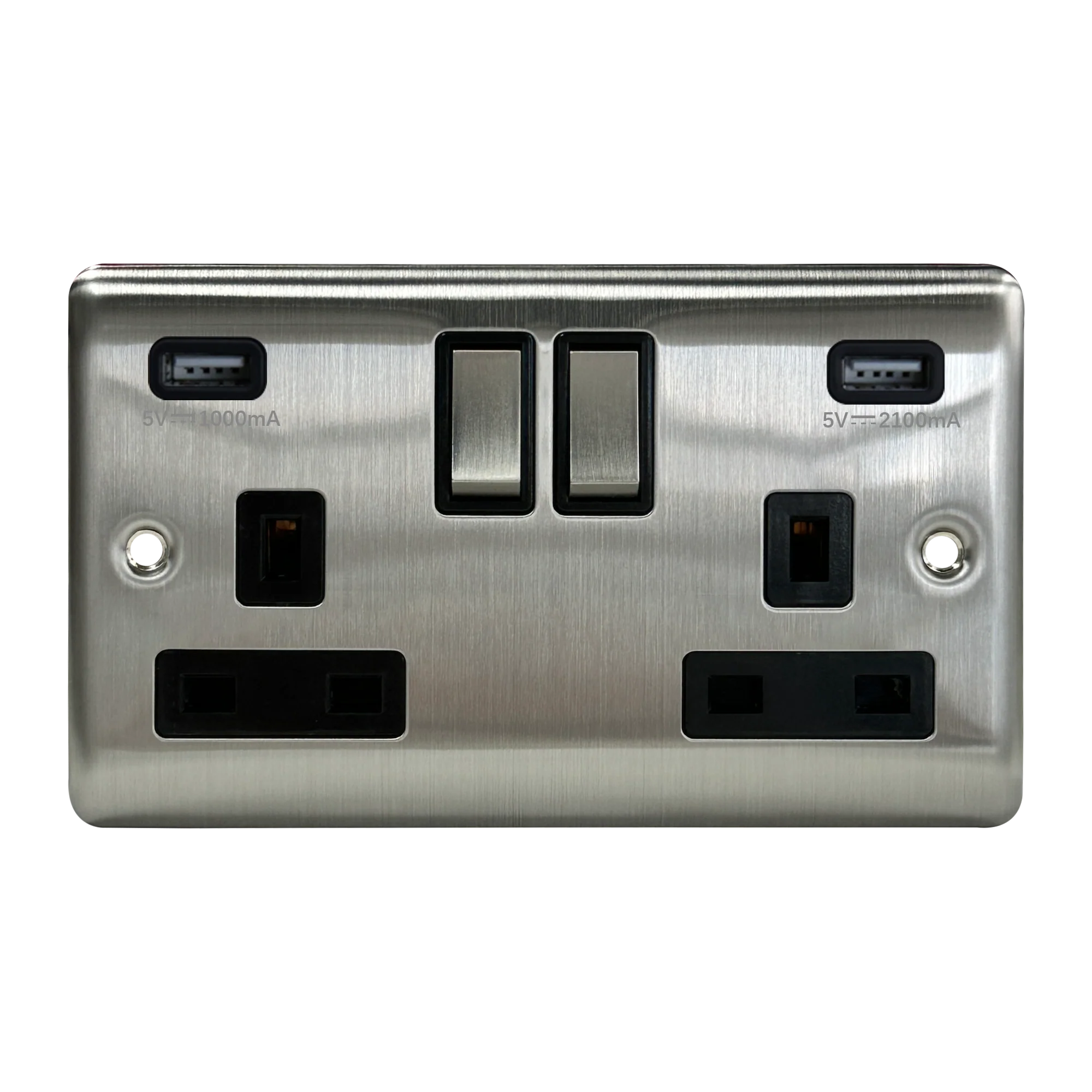 Caradok 2G 13A Switched Socket 2 USB A 3.1A Brushed Chrome Black Insert