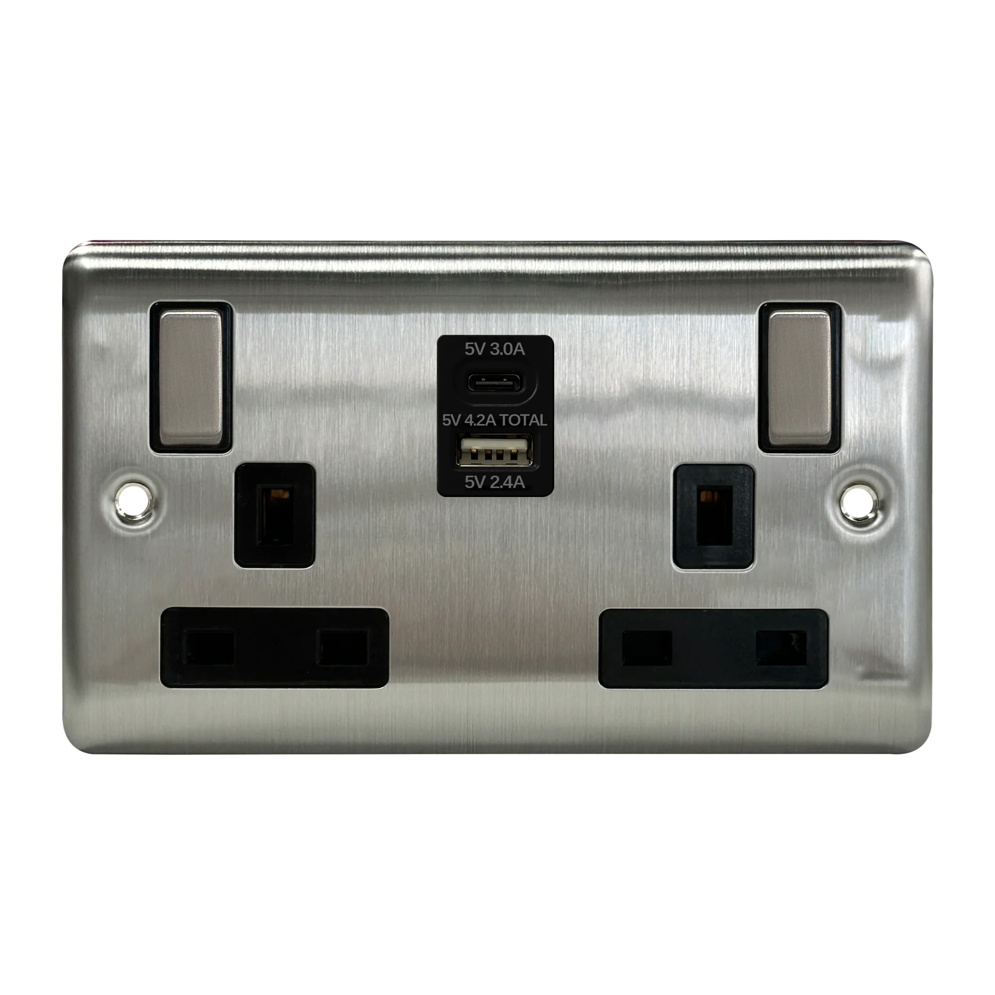 Caradok 2G 13A Switched Socket USB A + C Brushed Chrome Black Insert