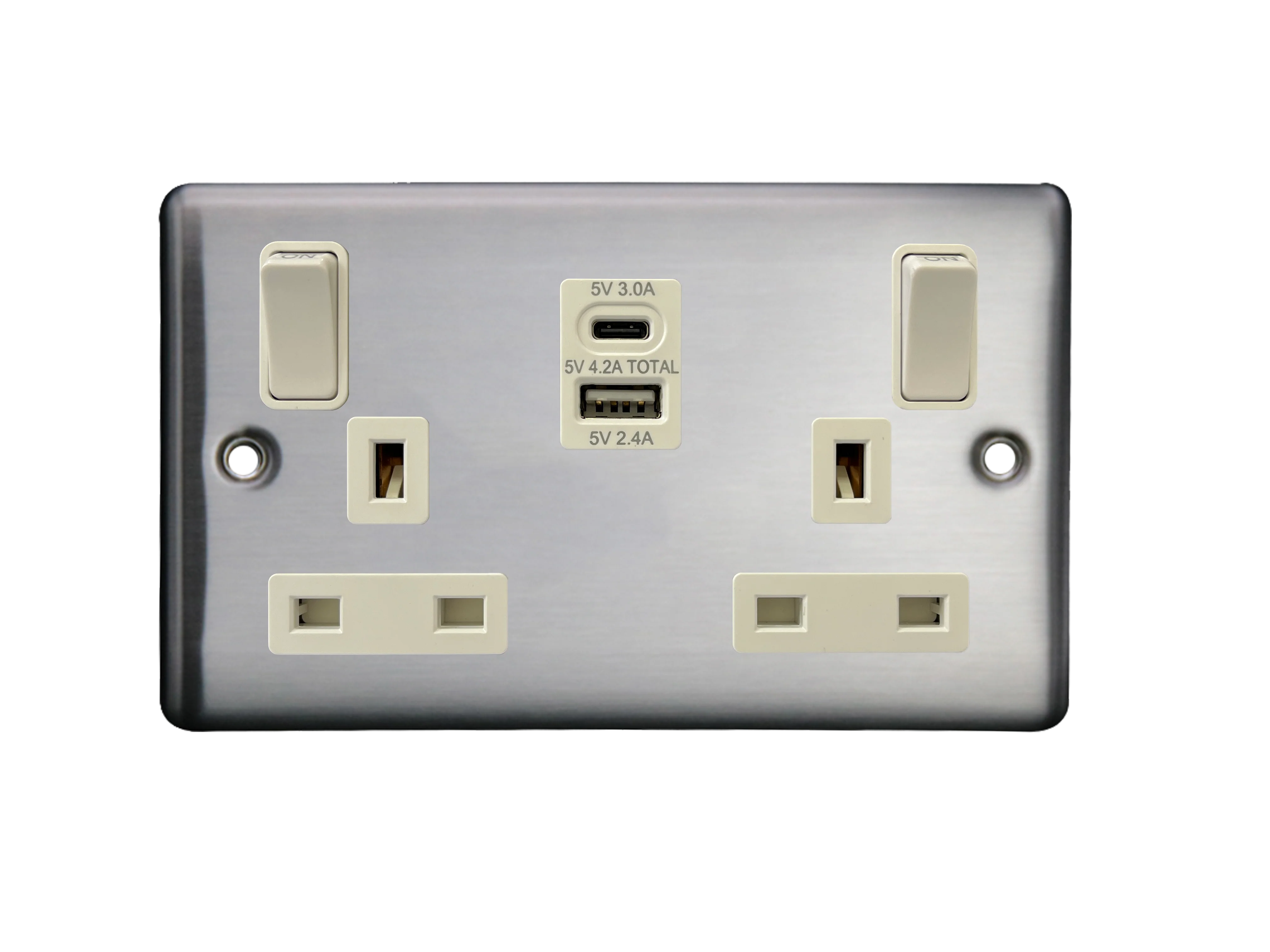 Caradok 2G 13A Switched Socket USB A + C Brushed Chrome White Insert
