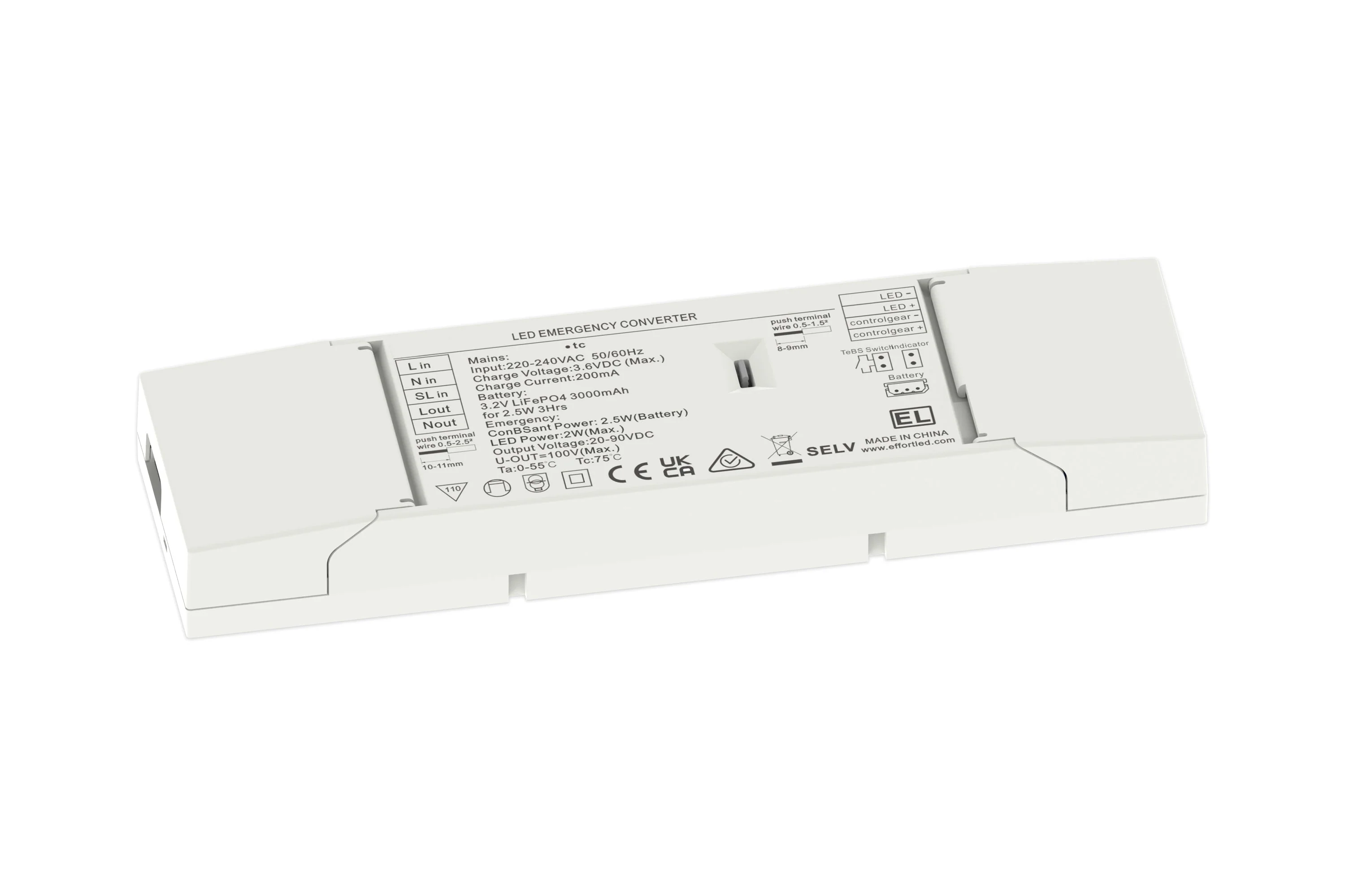 EMERGENCY CONVERSION KIT 6.4V 1.5Ah LIFePO4 3.5W 250V MAX. 3HR FOR 240V MAINS VOLTAGE LUMINAIRES SELF TEST
