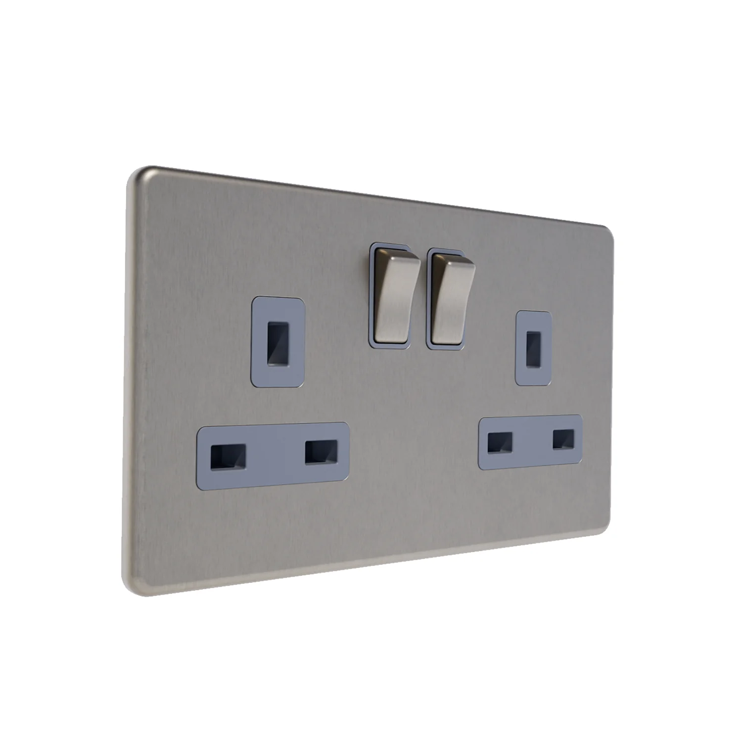 Caradok 13A 2G DP Switched Socket Brushed Chrome Grey Insert