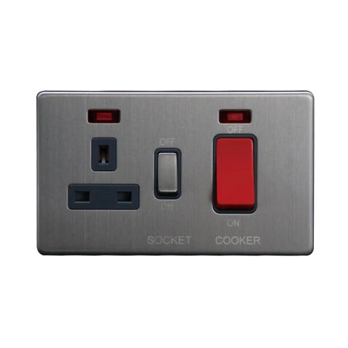 Caradok 45A DP Cooker Control Unit c/w Neon Brushed Chrome Grey Insert