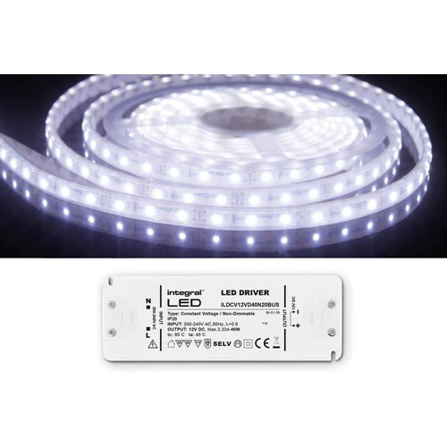 Integral LED Strip And Driver Kit Ip67 5M 6500K 12V 6W/M 350Lm/M 60Led/M 10Mm Width 115 Beam Box Pack With 12V Ip20 40W Driver Integral - ILSTWHIC065W