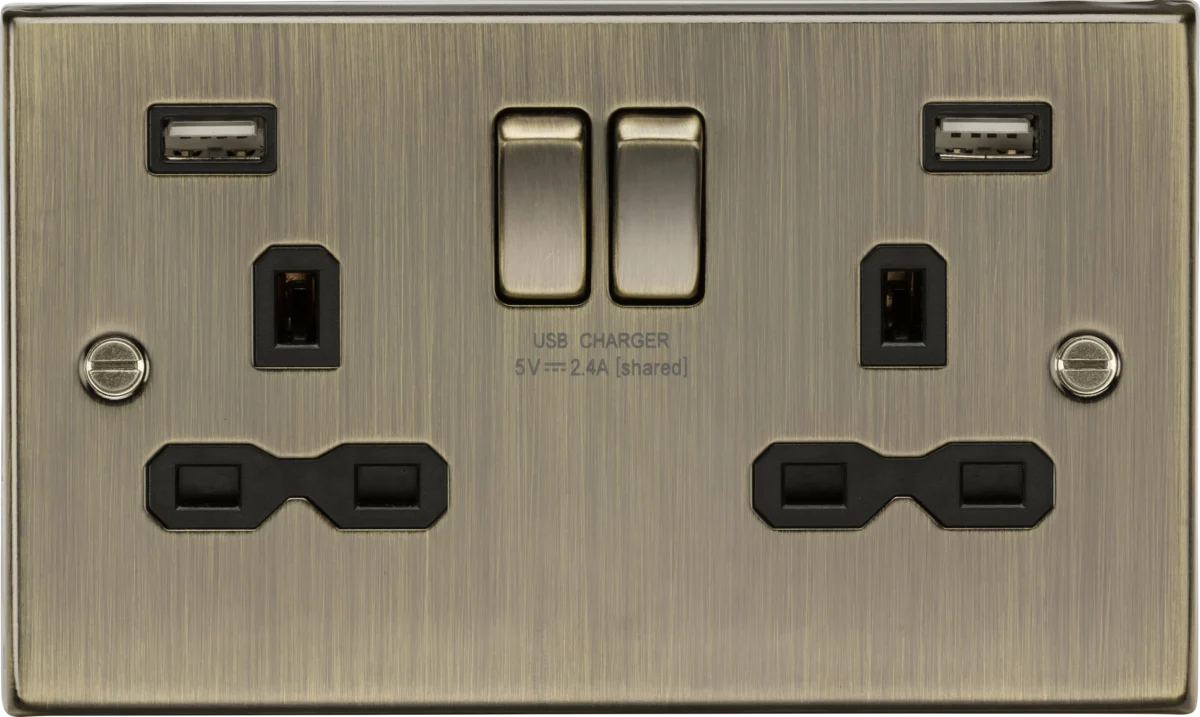Knightsbridge CS9224AB 13A 2G DP Switched Socket - USB Square Edge Antique Brass - DISCONTINUED