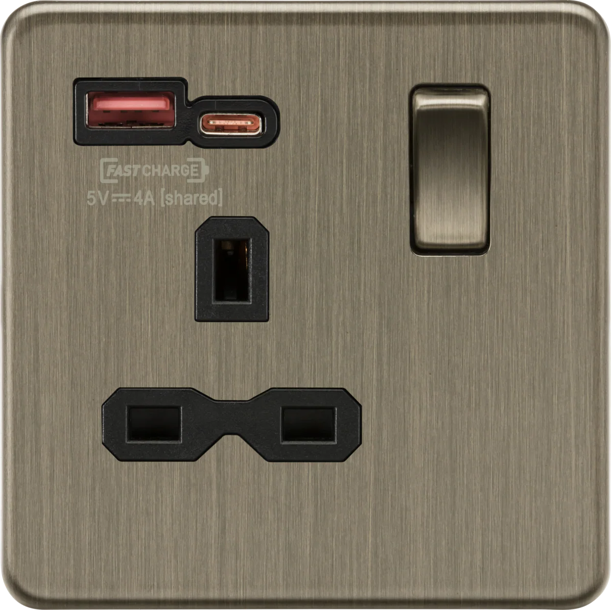 Knightsbridge SFR9919AB 13A 1G Switched Socket with dual USB A+C [18W FASTCHARGE] - Antique Brass