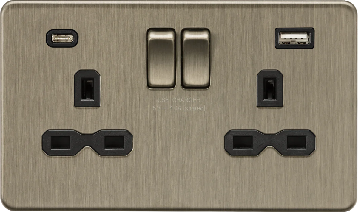 Knightsbridge SFR9940AB 13A 2G SP Screwless Switched Socket with dual USB C+A 5V DC 4.0A [shared] - Antique Brass