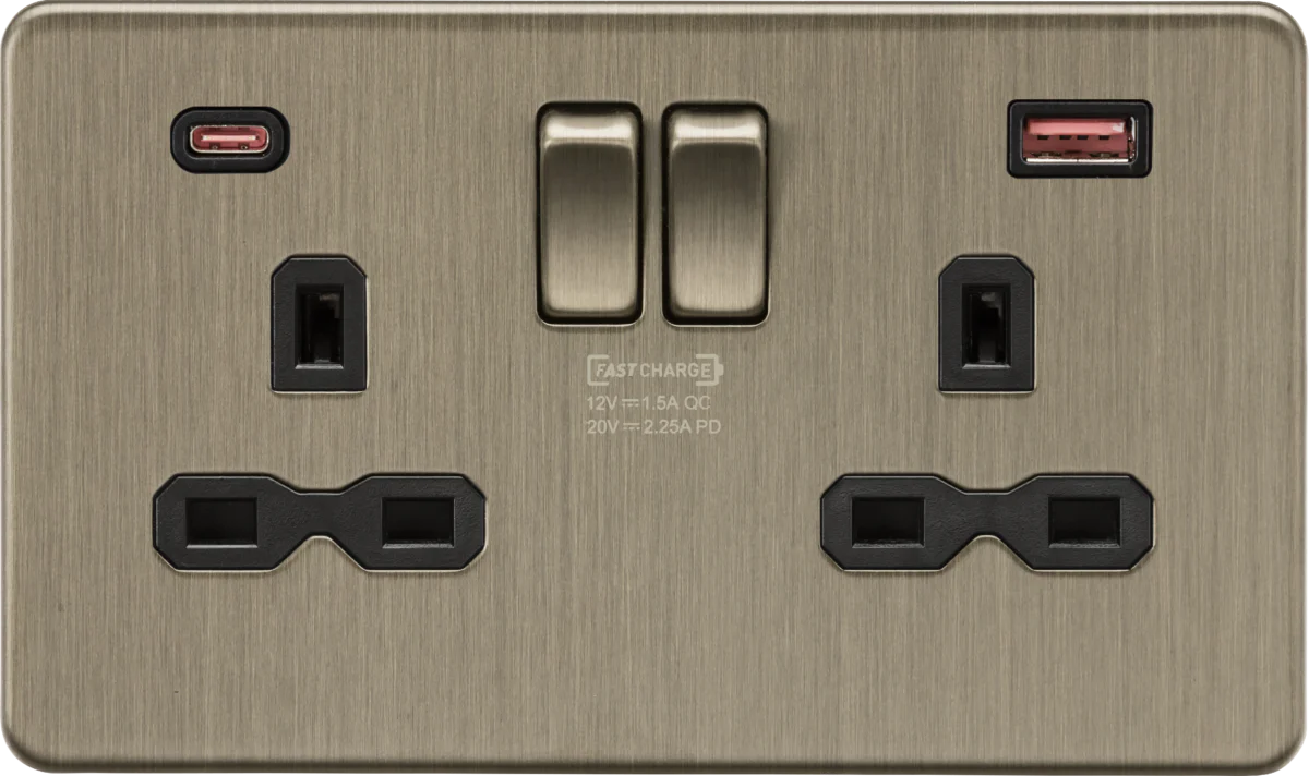 Knightsbridge SFR9945AB 13A 2G DP Switched Socket with Dual USB A+C 20V DC 2.25A (Max. 45W) - Antique Brass