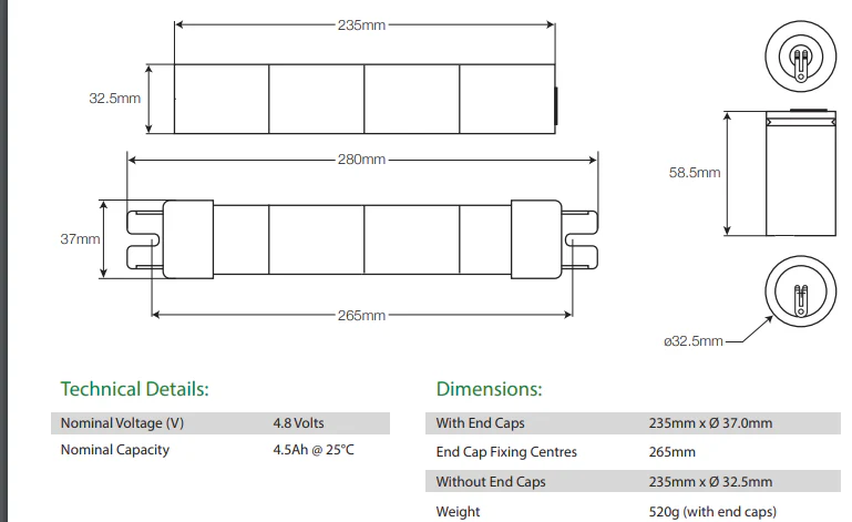 LitePlan 4.8V 4.5Ah NiCd Battery in Stick Formation with End Caps & Twin Socket