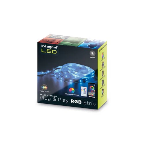 RGB PLUG AND PLAY LED STRIP KITS IP20 5M 4.5W/M 30LED/M 10MM WIDTH 120 BEAM BOX PACK WITH IR CONTROLLER & BLE APP CONTROL UK PLUG INTEGRAL