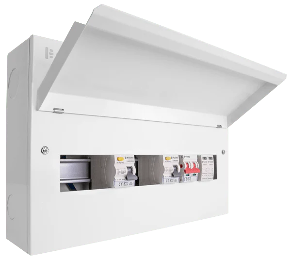 Scolmore CUEB18MSRCDSP10 Consumer Unit Split Load Spd 18 Way Elucian Metal Consumer Unit With 100a Mains Switch, 2 X 80a Rccb & 2 Pole 36mm Spd (10 Free Ways)