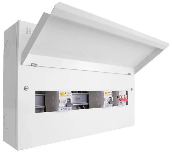 Scolmore CUEHIB18MSRCD12 Consumer Unit Combiboard 18 Way Elucian High Integrity Metal Consumer Unit With 100a Mains Switch & 2 X 80a Rccb (12 Free Ways)