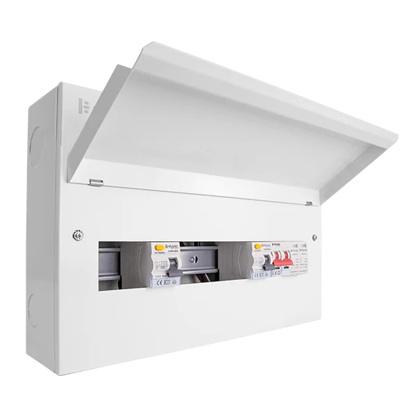 Scolmore CUEHIB18MSRCDSP10 Consumer Unit High Integrity 18 Way Elucian High Integrity Metal Consumer Unit With 100a Mains Switch, 2 X 80a Rccb & 2 Pole 36mm Spd (10 Free Ways)