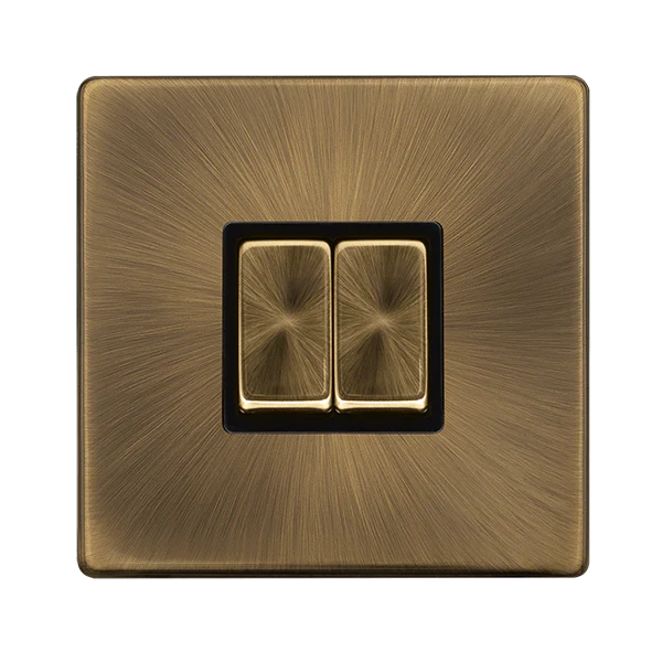 Scolmore SFAB412BK 10AX INGOT 2 GANG 2 WAY SWITCH - ANTIQUE BRASS COVER PLATE - BLACK INSERT