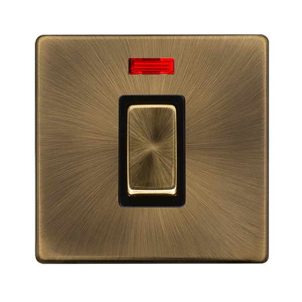 Scolmore SFAB501BK 50A INGOT 1 GANG DOUBLE POLE SWITCH WITH NEON - ANTIQUE BRASS COVER PLATE - BLACK INSERT