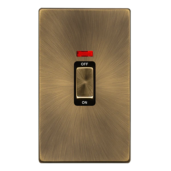 Scolmore SFAB503BK 50A INGOT 2 GANG DOUBLE POLE SWITCH WITH NEON - ANTIQUE BRASS COVER PLATE - BLACK INSERT