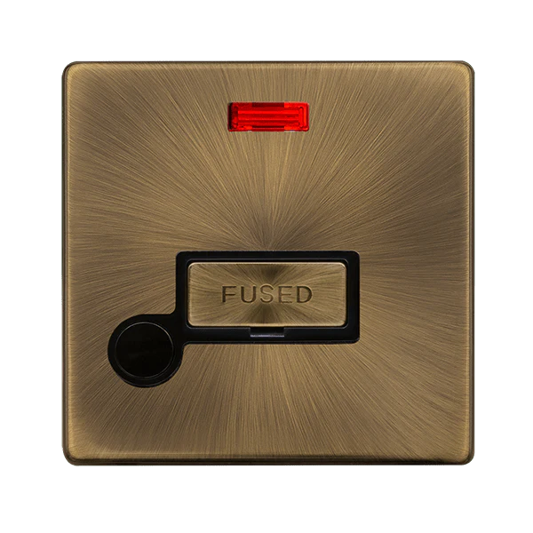 Scolmore SFAB553BK 13A INGOT FUSED CONNECTION UNIT WITH NEON & OPTIONAL FLEX OUTLET - ANTIQUE BRASS COVER PLATE - BLACK INSERT