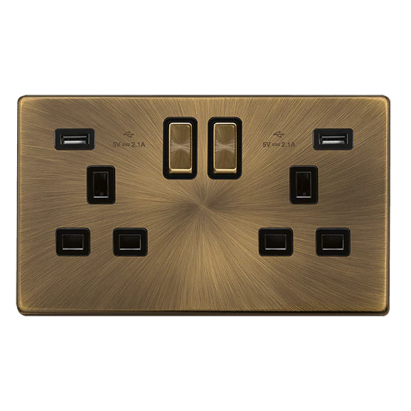 Scolmore SFAB580BK 13A INGOT 2 GANG SWITCHED SOCKET WITH 2.1A USB OUTLETS - ANTIQUE BRASS COVER PLATE - BLACK INSERT