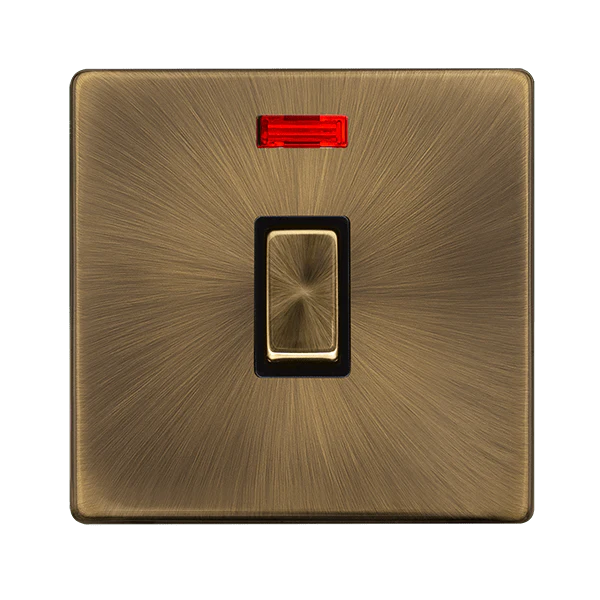 Scolmore SFAB723BK 20A INGOT DOUBLE POLE SWITCH WITH NEON - ANTIQUE BRASS COVER PLATE - BLACK INSERT