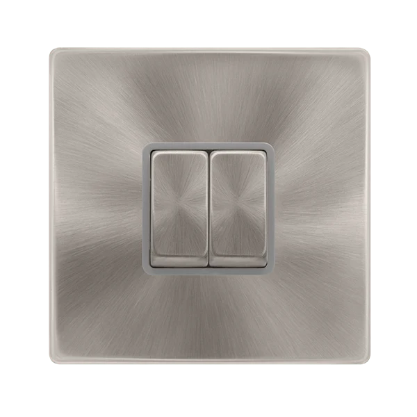 Scolmore SFBS412GY 10AX INGOT 2 GANG 2 WAY SWITCH - BRUSHED STEEL COVER PLATE - GREY INSERT