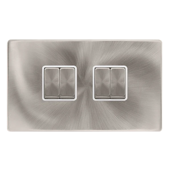Scolmore SFBS414PW 10AX INGOT 4 GANG 2 WAY SWITCH - BRUSHED STEEL COVER PLATE - POLAR INSERT