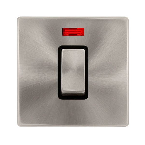 Scolmore SFBS501BK 50A INGOT 1 GANG DOUBLE POLE SWITCH WITH NEON - BRUSHED STEEL COVER PLATE - BLACK INSERT