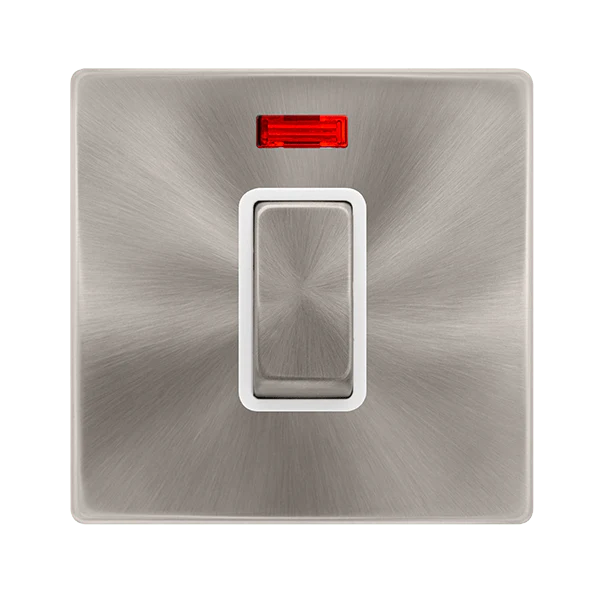 Scolmore SFBS501PW 50A INGOT 1 GANG DOUBLE POLE SWITCH WITH NEON - BRUSHED STEEL COVER PLATE - POLAR WHITE INSERT