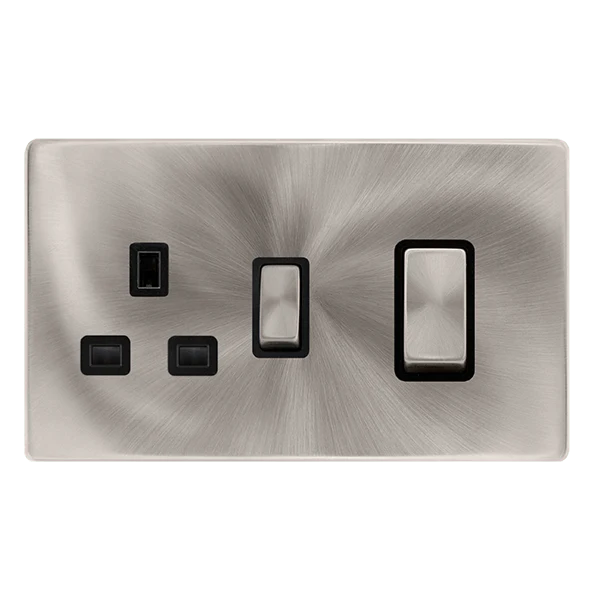 Scolmore SFBS504BK 50A INGOT DOUBLE POLE SWITCH WITH 13A DOUBLE POLE SWITCHED SOCKET -  BRUSHED STEEL COVER PLATE - BLACK INSERT