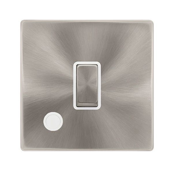 Scolmore SFBS522PW 20A INGOT DOUBLE POLE SWITCH WITH FLEX OUTLET - BRUSHED STEEL COVER PLATE - POLAR WHITE INSERT