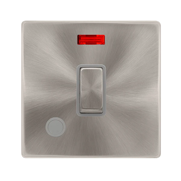 Scolmore SFBS523GY 20A INGOT DOUBLE POLE SWITCH WITH NEON & FLEX OUTLET - BRUSHED STEEL COVER PLATE - GREY INSERT