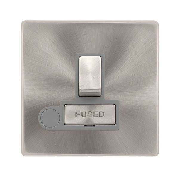 Scolmore SFBS551GY 13A INGOT SWITCHED FUSED CONNECTION UNIT WITH OPTIONAL FLEX OUTLET - BRUSHED STEEL COVER PLATE - GREY INSERT
