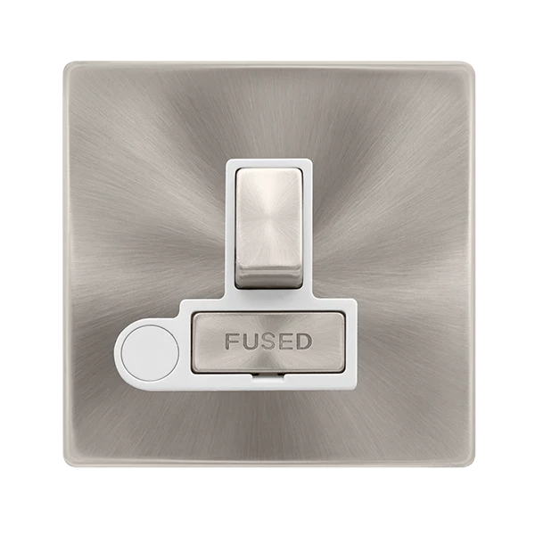 Scolmore SFBS551PW 13A INGOT SWITCHED FUSED CONNECTION UNIT WITH OPTIONAL FLEX OUTLET - BRUSHED STEEL COVER PLATE - POLAR WHITE INSERT