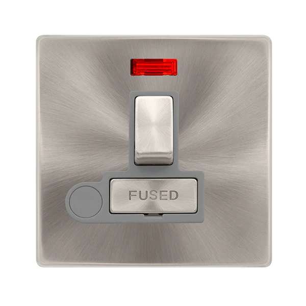 Scolmore SFBS552GY 13A INGOT SWITCHED FUSED CONNECTION UNIT WITH NEON & OPTIONAL FLEX OUTLET - BRUSHED STEEL COVER PLATE - GREY INSERT
