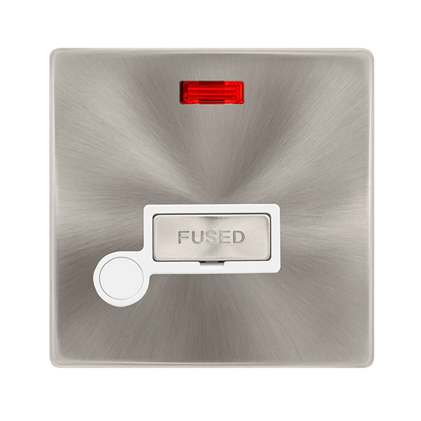 Scolmore SFBS553PW 13A INGOT FUSED CONNECTION UNIT WITH NEON & OPTIONAL FLEX OUTLET - BRUSHED STEEL COVER PLATE - POLAR WHITE INSERT