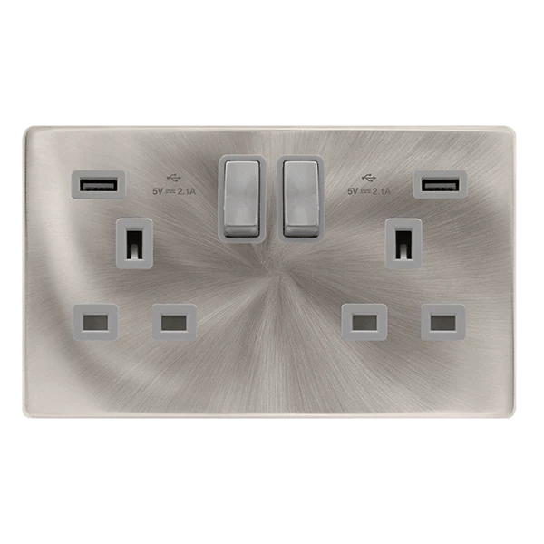 Scolmore SFBS580GY 13A INGOT 2 GANG SWITCHED SOCKET WITH 2.1A USB OUTLETS - BRUSHED STEEL COVER PLATE - GREY INSERT
