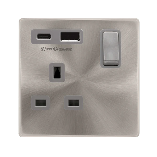 Scolmore SFBS585GY DEFINITY 'INGOT' 13A 1  GANG  SWITCHED SAFETY SHUTTER SOCKET OUTLET WITH TYPE A & C USB (4A) OUTLETS - BRUSHED STAINLESS - GREY INSERTS