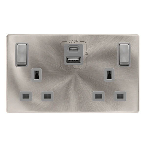 Scolmore SFBS586GY 13A INGOT 2 GANG SWITCHED SAFETY SHUTTER SOCKET WITH TYPE A & C USB - BRUSHED STEEL COVER PLATE - GREY INSERT