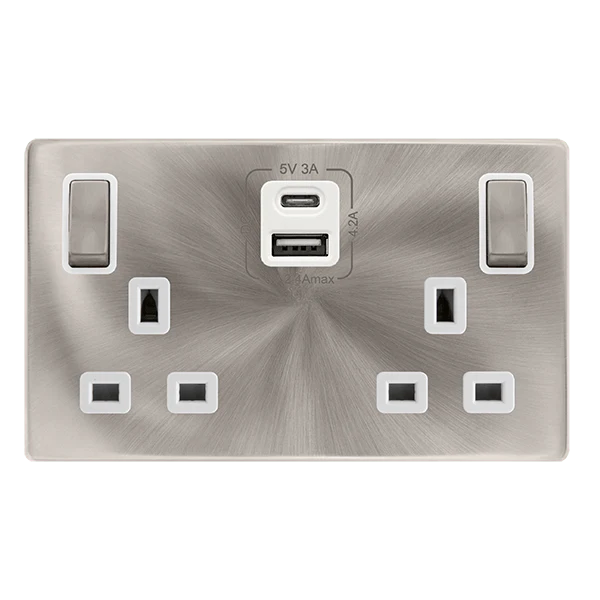 Scolmore SFBS586PW 13A INGOT 2 GANG SWITCHED SAFETY SHUTTER SOCKET WITH TYPE A & C USB - BRUSHED STEEL COVER PLATE - POLAR WHITE INSERT