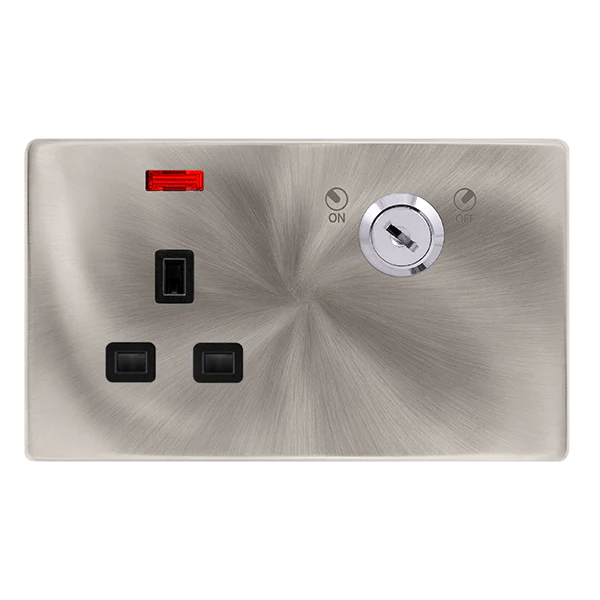 Scolmore SFBS655BK 13A 1 GANG DOUBLE POLE KEY LOCKABLE SOCKET WITH NEON - BRUSHED STEEL COVER PLATE - BLACK INSERT