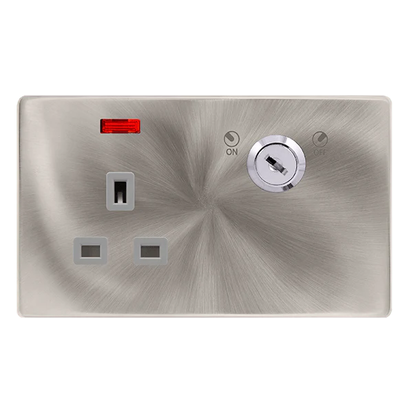 Scolmore SFBS655GY 13A 1 GANG DOUBLE POLE KEY LOCKABLE SOCKET WITH NEON - BRUSHED STEEL COVER PLATE - GREY INSERT