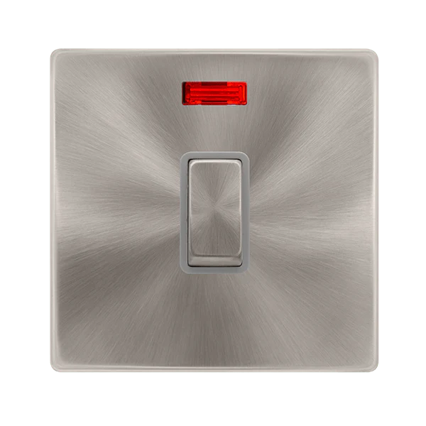 Scolmore SFBS723GY 20A INGOT DOUBLE POLE SWITCH WITH NEON - BRUSHED STEEL COVER PLATE - GREY INSERT