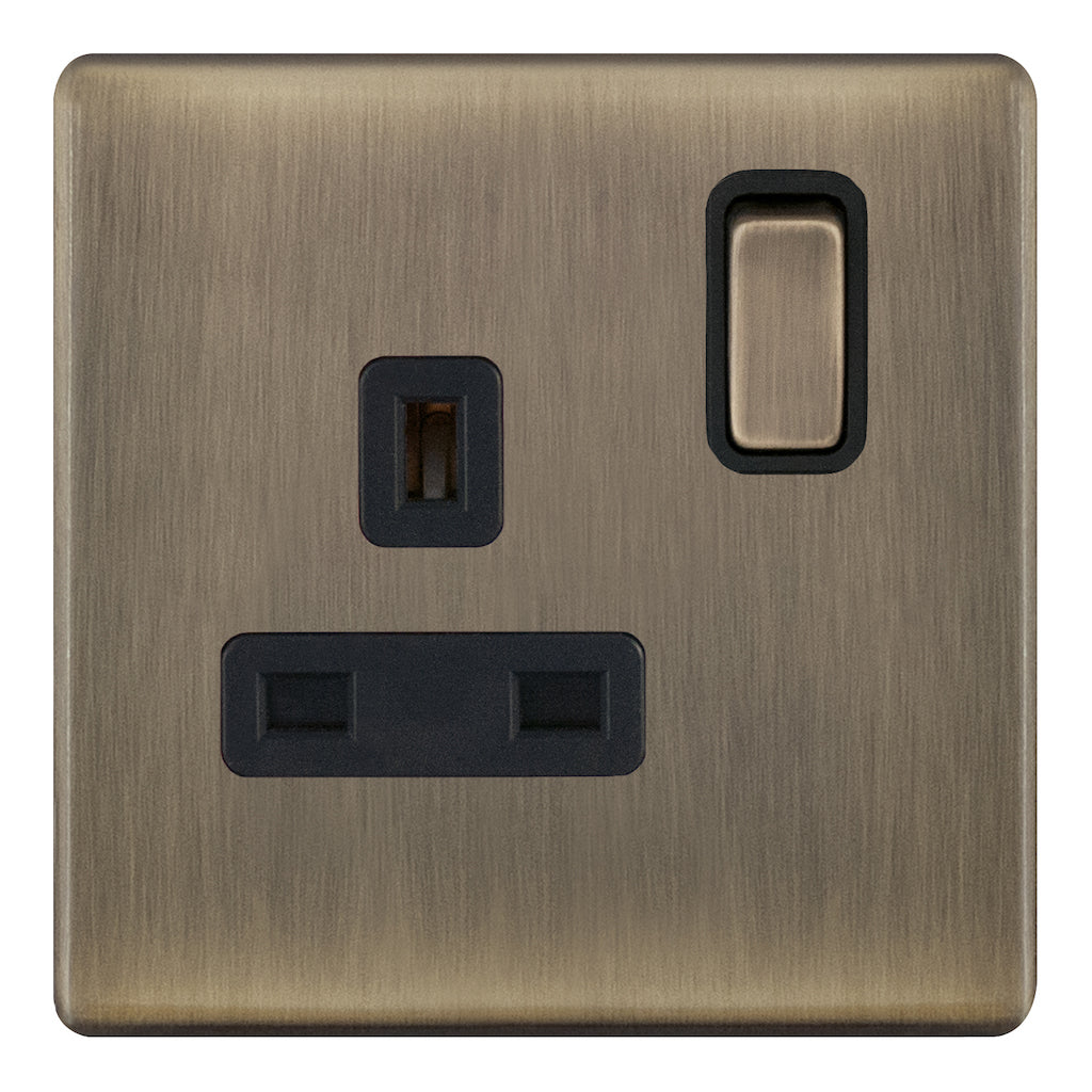 Selectric 5M-Plus Antique Brass 1 Gang DP 13A Switched Socket with Black Insert