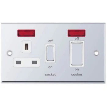 Selectric 7M-Pro Polished Chrome 45A DP Switch and 13A Switched Socket with Neon and White Insert
