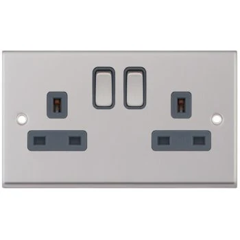 Selectric 7M-Pro Satin Chrome 2 Gang 13A DP Switched Socket with Grey Insert