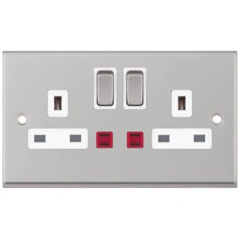 Selectric 7M-Pro Satin Chrome 2 Gang 13A DP Switched Socket with Neon and White Insert